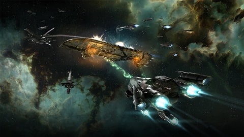 A space fight between a large battleship against several smaller frigates and cruisers in the mmorpg Eve Online