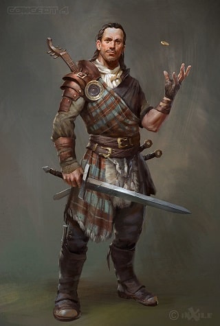 A bard from D&D, wearing a Scottish looking tunic, some leather armor, pants and booots. Two sword strapped to the left, and a string instrument on his back. His long hair is pulled back, right hand holds a sword, and left hand is levitating a gold coin in the air.