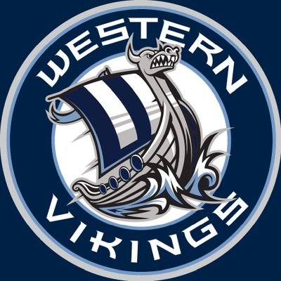 Western Washington University Vikings logo. Everything on a blue backdrop The middle has a viking ship proudly riding up a wave centered in a silver circular field. This field has Western above and vikings below in silver following the curve of the circular field with and a silver ring around everything. The blue backdrop extends to the edges of the image.
