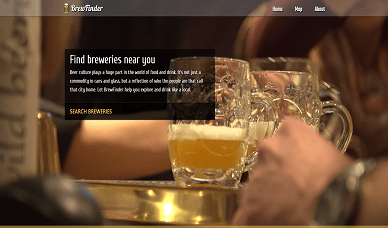In the center are two nearly empty glass beer mugs on a bar with peoples forearms resting on the bar. There is a box just off center with the title 'Find breweries near you'