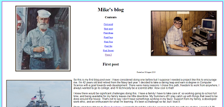 A blog that was my first webpage, has image of an old sailor on the left, another of a circa 1980s computer and programmer on the right, navigation links to blog entries between them, and the start of the first blog post below that.