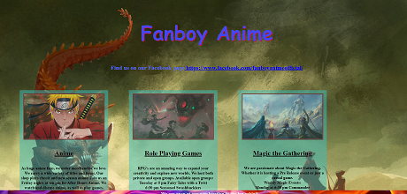 Gaming and anime Store Site, showing images of Naruto, a terrasque, D & D characters and monsters